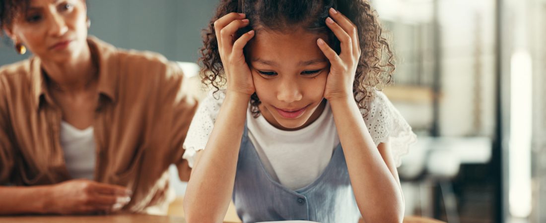 Mom, girl and stress with education, homework and guide for learning disability with books at apart.